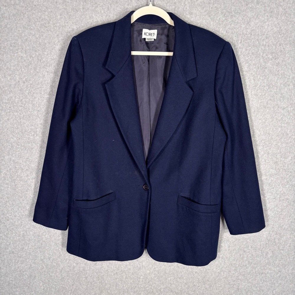 Vintage 90s Koret Blazer 12 Navy 100% Wool Pockets Minimal Oversized Masculine